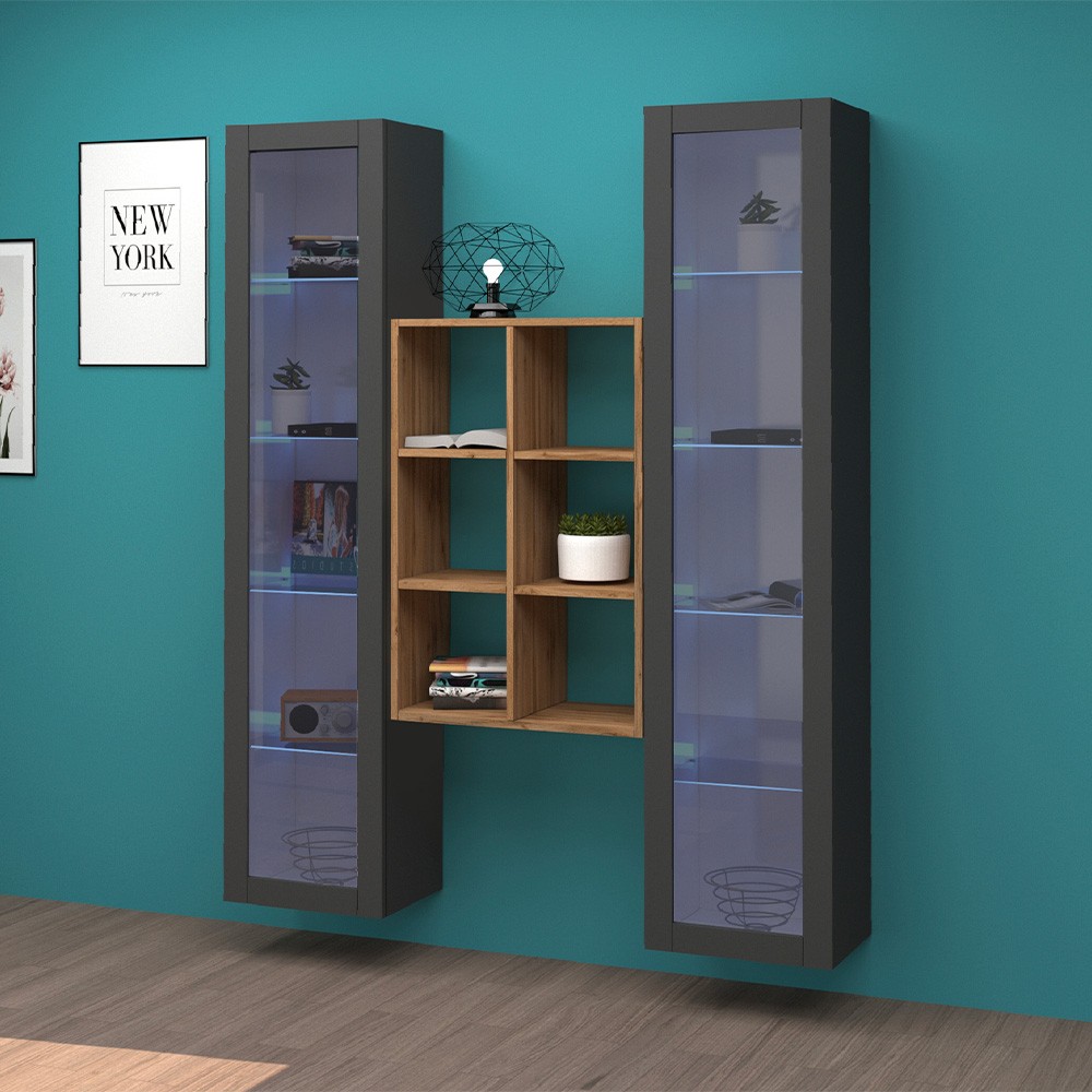 Kesia RT Grey Floating Wall Unit with Wooden Bookcase and 2 Glass Cabinets