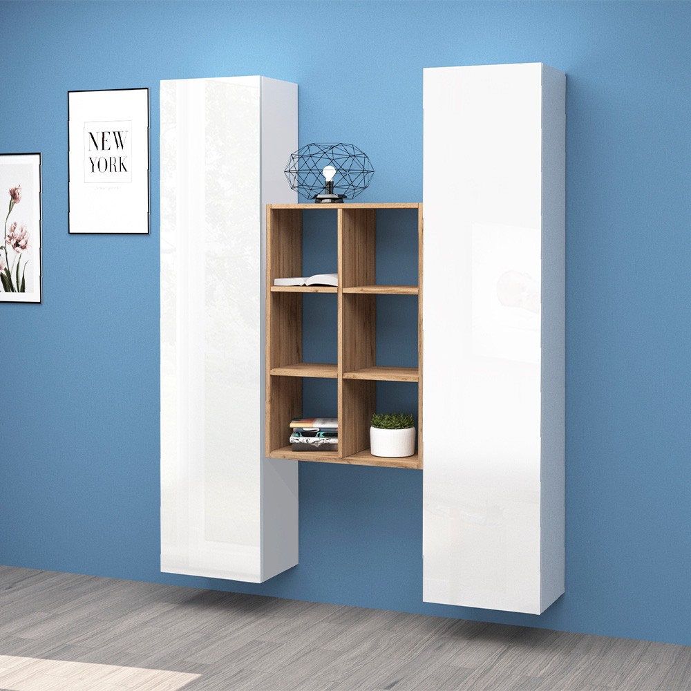 White Floating Wall Unit with 2 Cabinets and 6 Shelves Gemy WH
