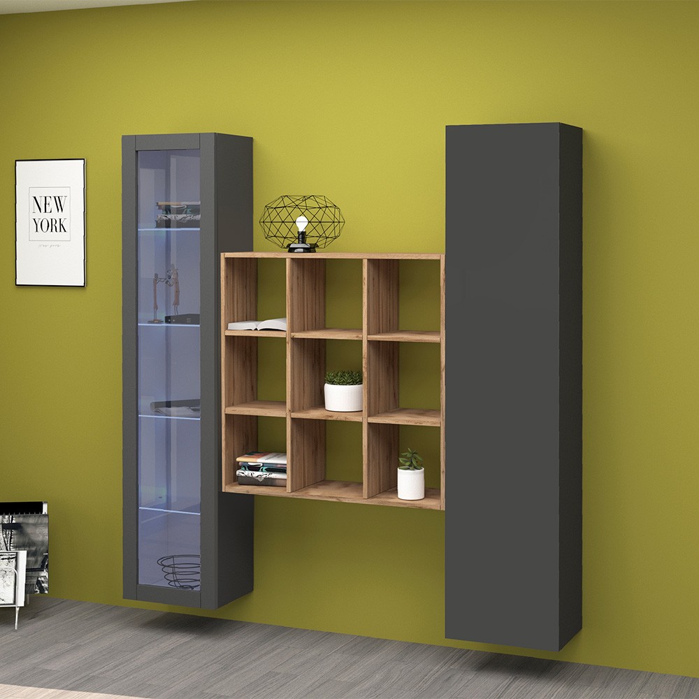 Modern Black Wall-Mounted Entertainment Center Wardrobe Bookshelf Display Cabinet Tilla RT