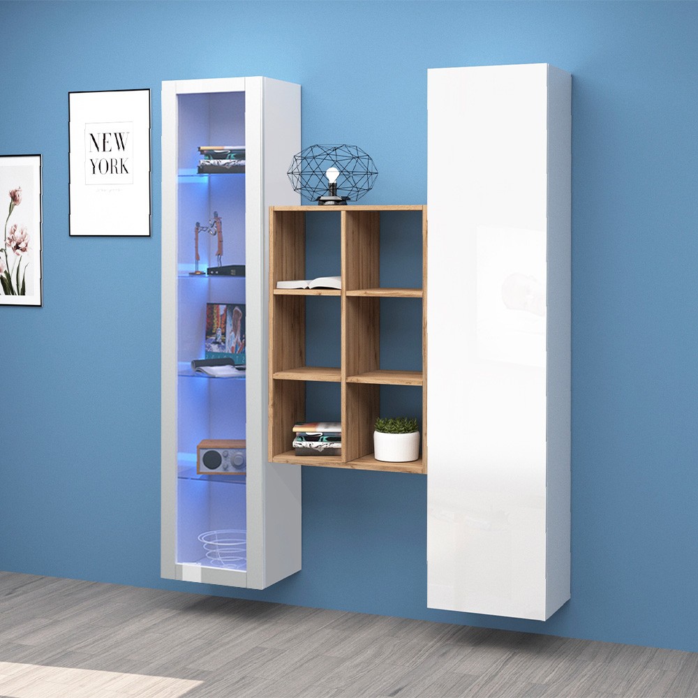 White Wall Unit for Living Room Display Cabinet Bookshelf Tilla WH