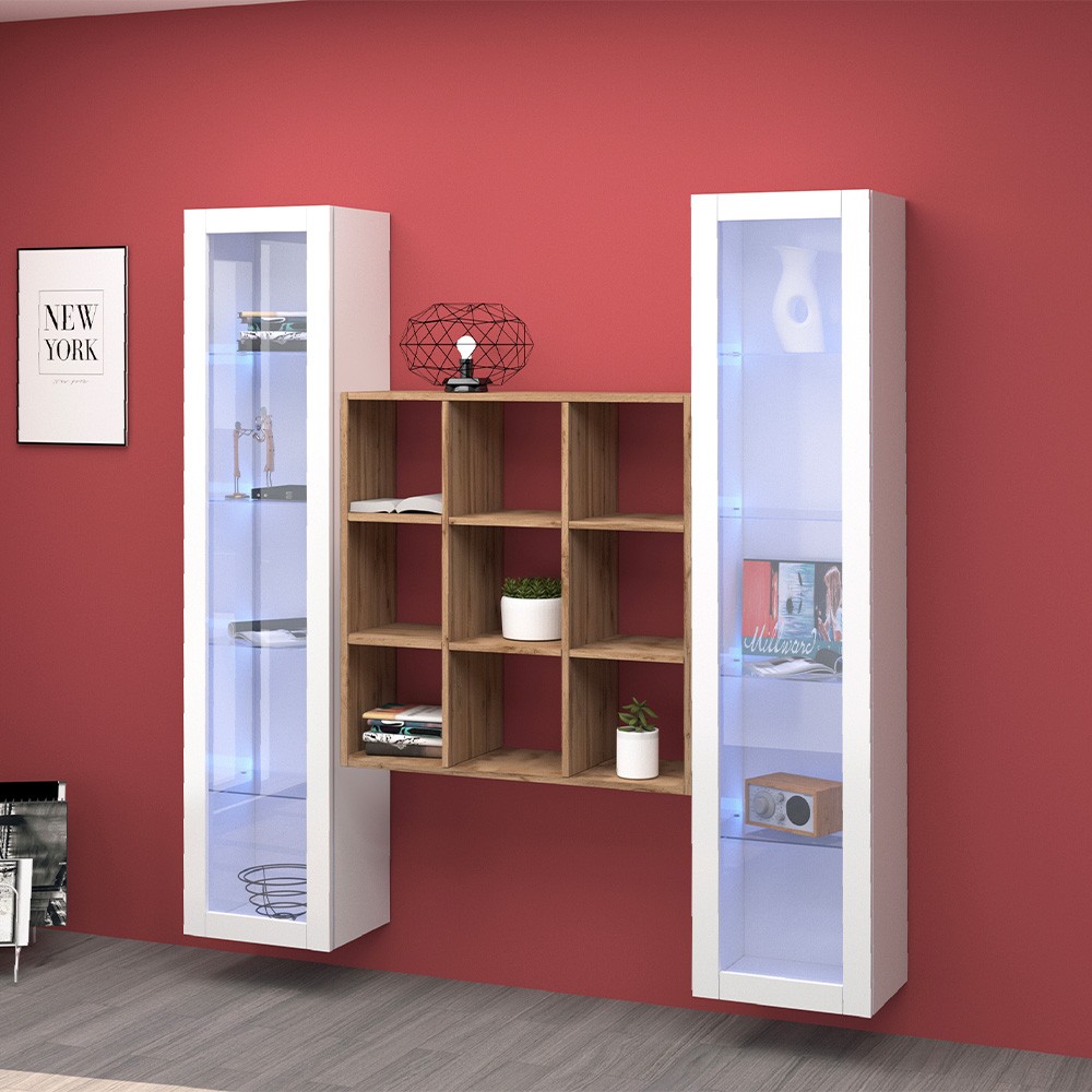 Wall-Mounted Entertainment Unit with Wooden Bookshelf and 2 White Glass Cabinets Vila WH