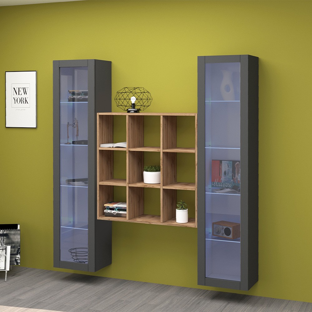 Modern Wooden Living Room Wall Unit with 2 Glass Cabinets and Bookcase Vila RT