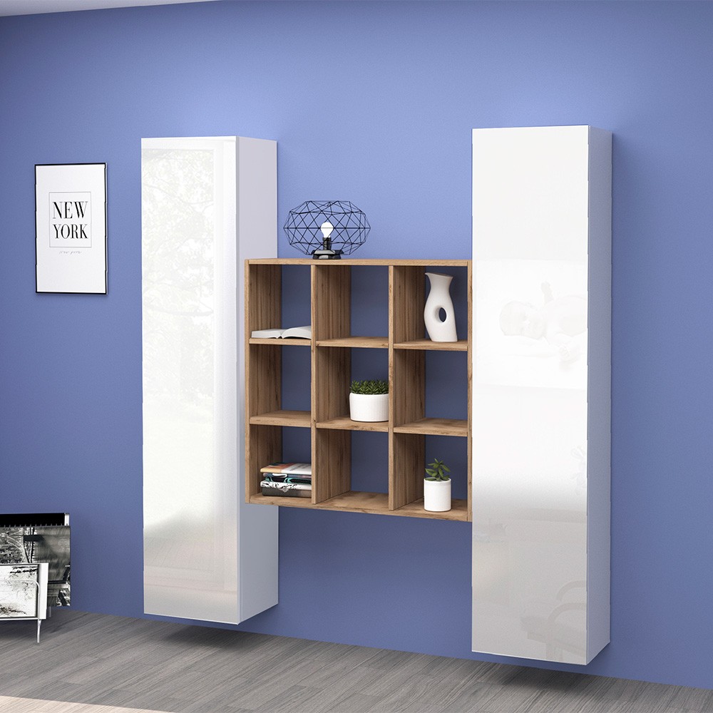 White Floating Wall Unit with 2 Cabinets and 9 Shelves Pella WH