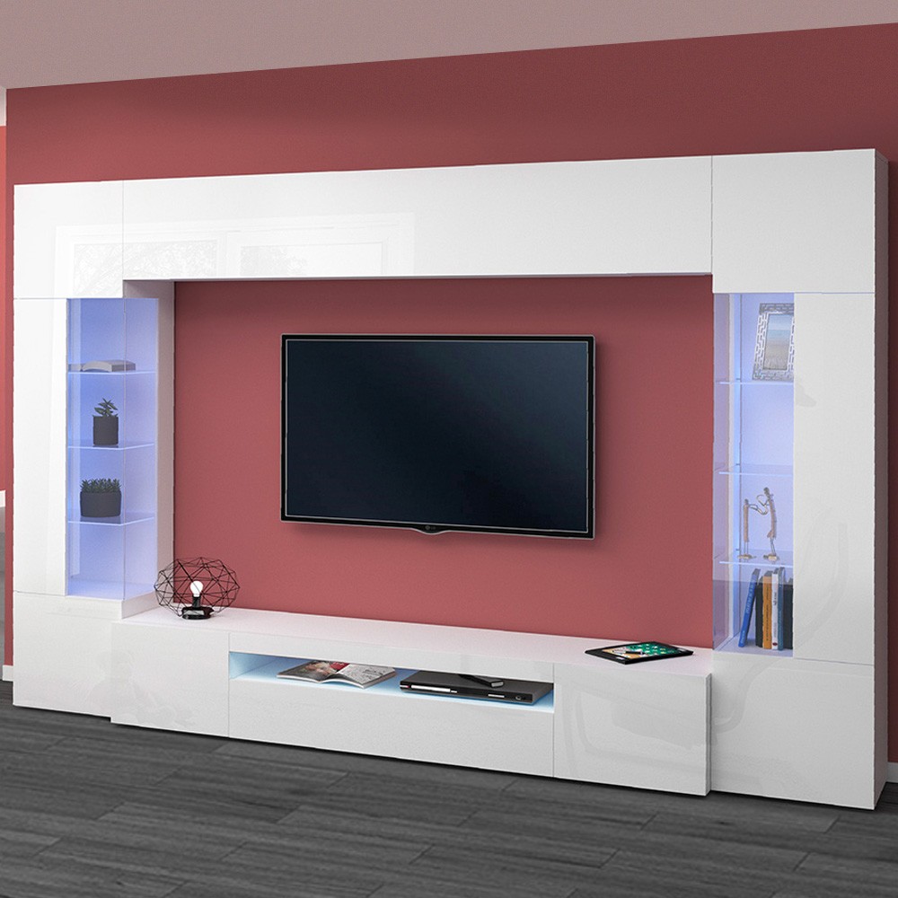 White Living Room Wall Unit with TV Stand and Two Glass Cabinets - Sultan WH