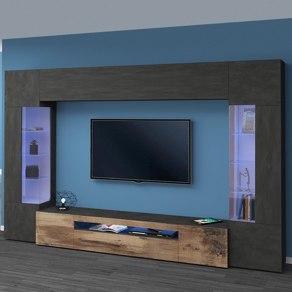 Modern Black Wood TV Wall Unit with 2 Glass Cabinets, Sultan AP