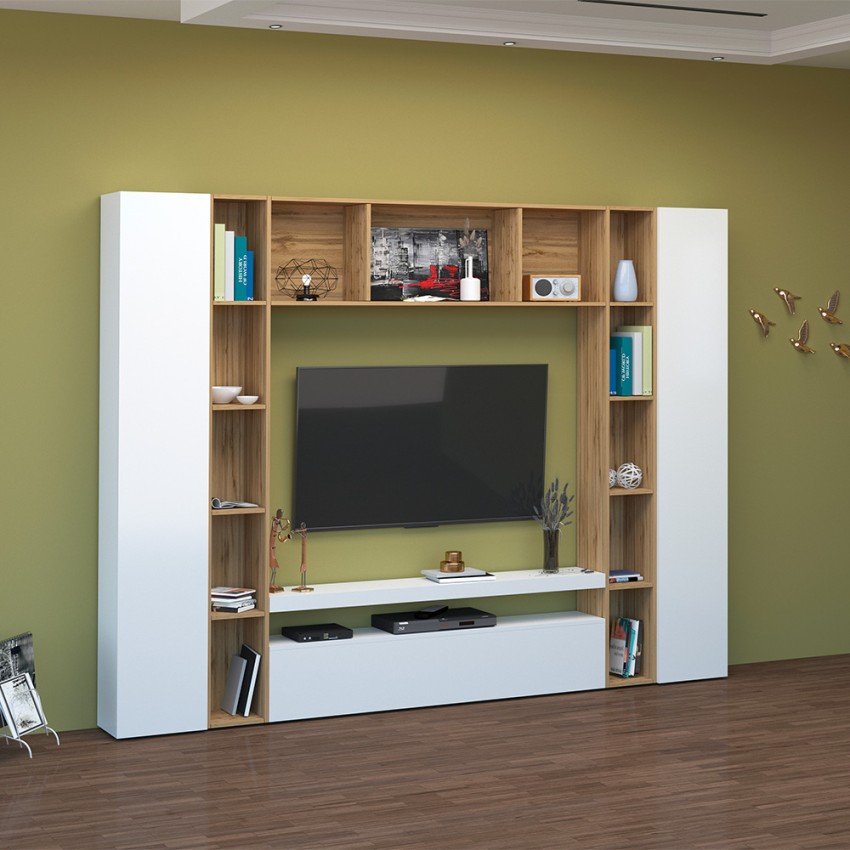 White Wooden Wall Unit with TV Stand and Bookshelf - Arkel WH Promotion