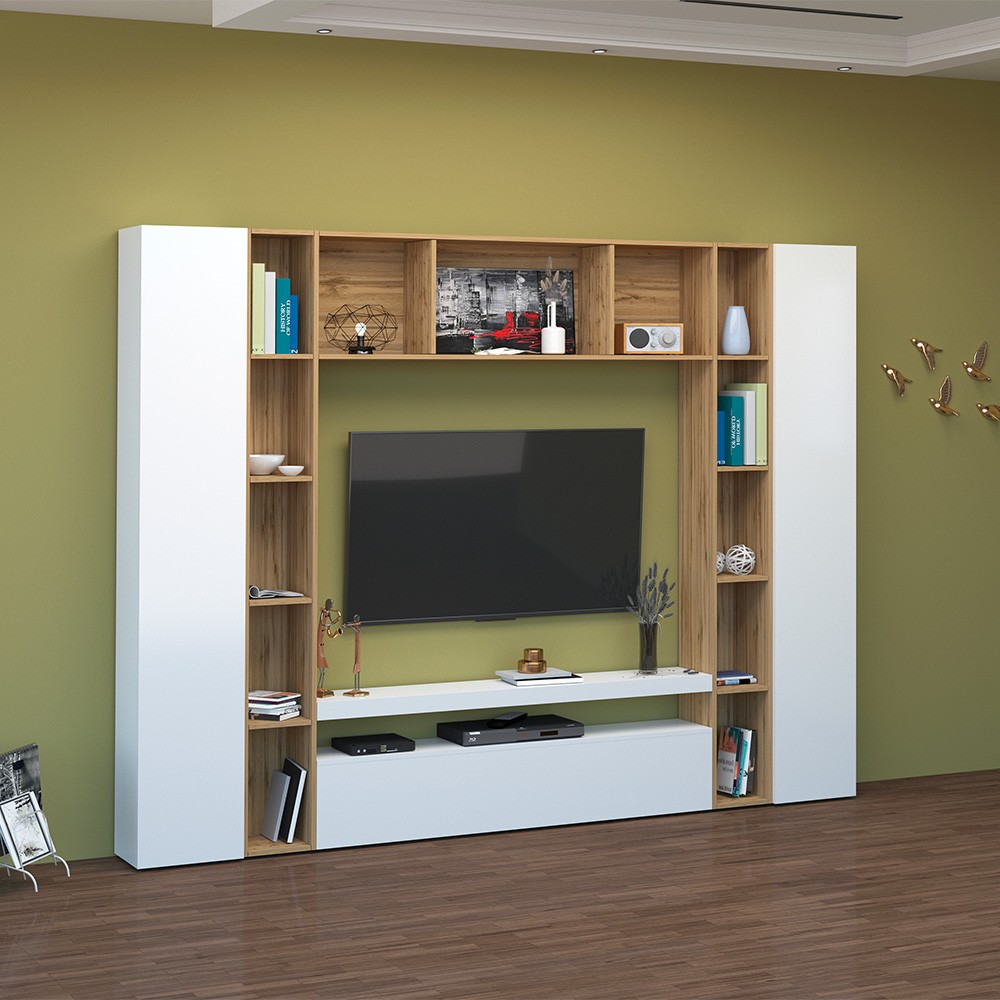 White Wooden Wall Unit with TV Stand and Bookshelf - Arkel WH