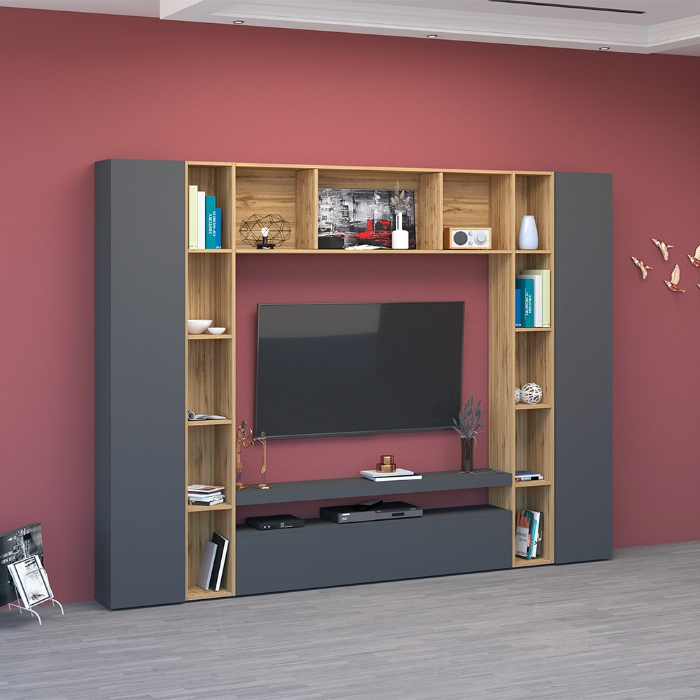 Modern TV Unit with Black Wood Shelving and Cabinets Arkel AP