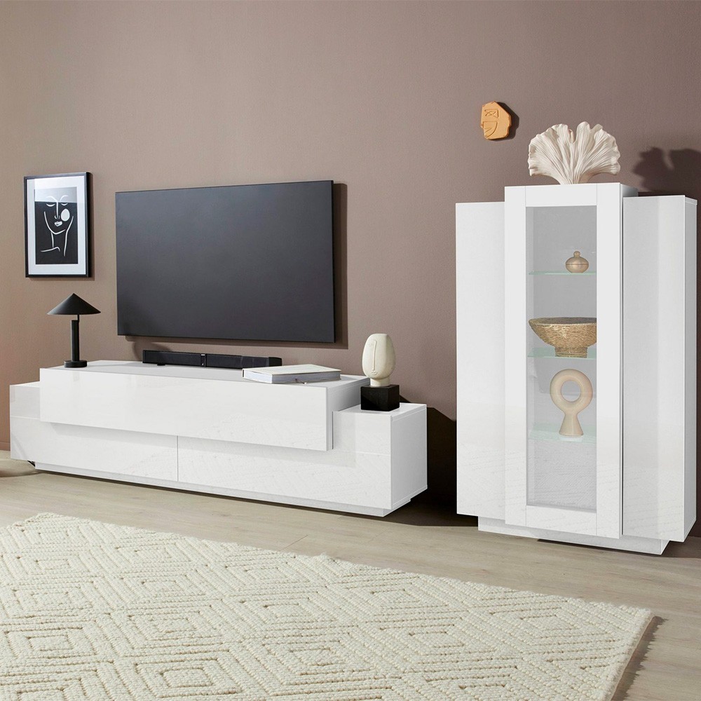 Woud WH White Living Room Wall Unit TV Stand with Glass Display