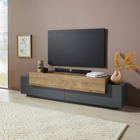 Modern TV stand black and wood 4 compartments 3 doors 200cm Corona Low Cyt Promotion