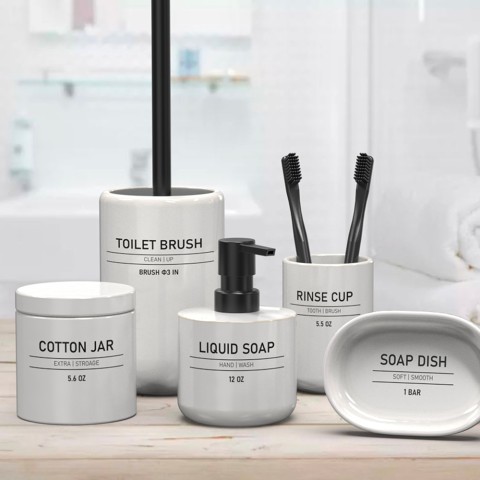 Bathroom accessory set white ceramic soap dish brush holder dispenser Ink Promotion
