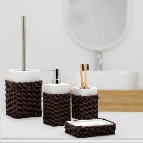 White ceramic bathroom accessories toothbrush holder soap dispenser Rattan Promotion