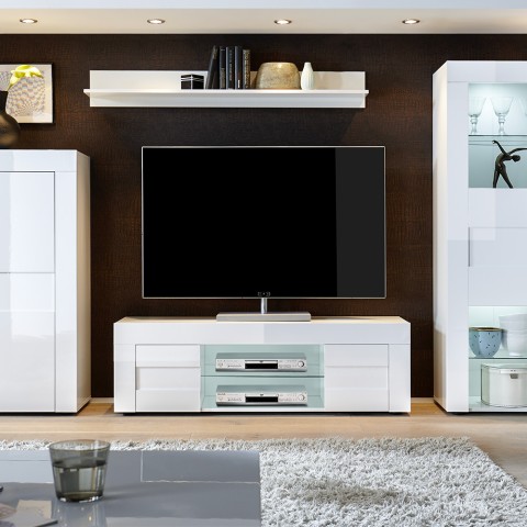Living room TV stand with 2 glossy white modern doors Petite Easy Promotion