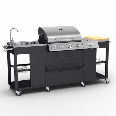 Gas grill made of stainless steel with 4+1 burners grill and sink Beefmaster
