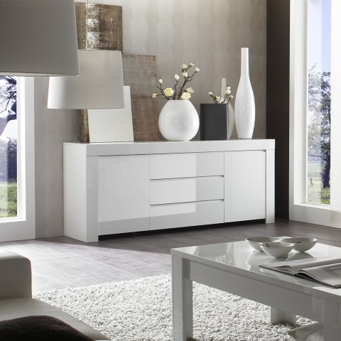 Glossy white modern living room sideboard 2 doors 3 drawers Amalfi Wh L Promotion