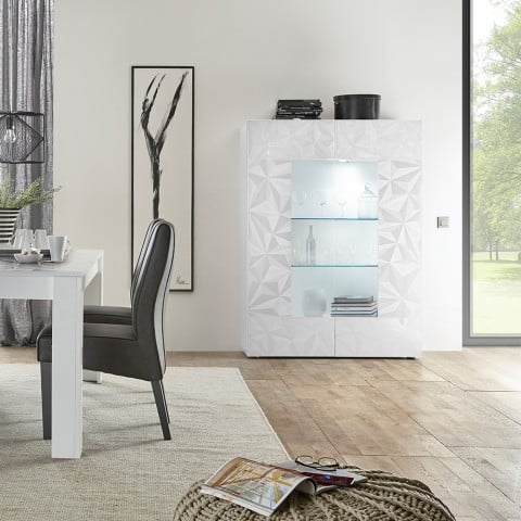Modern glossy white display cabinet 2 glass doors living room 121x166cm Ego Wh Promotion