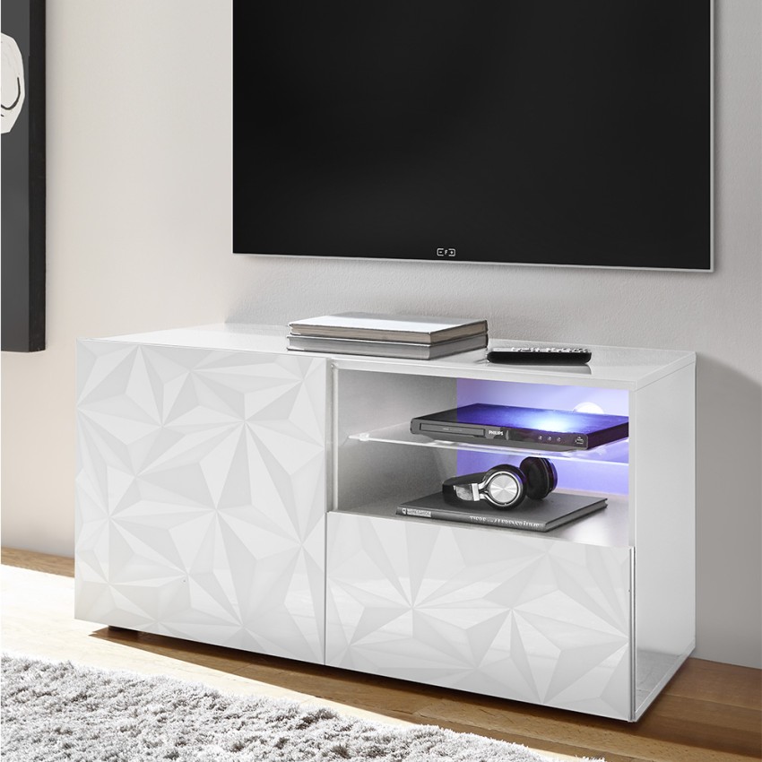Glossy white TV stand unit 1 door drawer 121cm Petite Wh Prisma Promotion