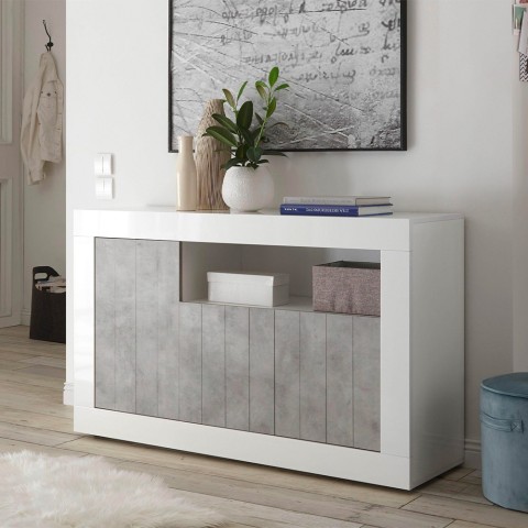Sideboard buffet living room 3 doors 138cm glossy white cement Doppel MBC Promotion