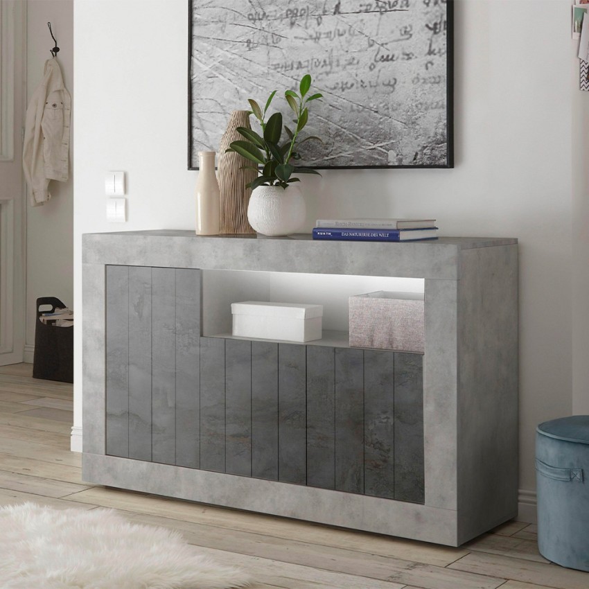 Modern Design Sideboard for Living Room, 3 Doors, Grey Cement and Black, Doppel MCX Promotion