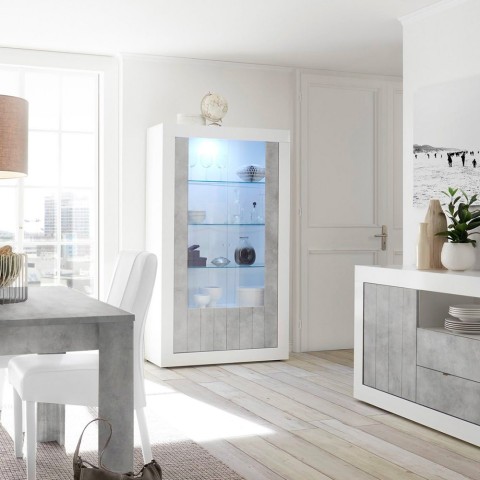 Modern living room showcase glossy white cement grey 2 doors Dern BC Promotion