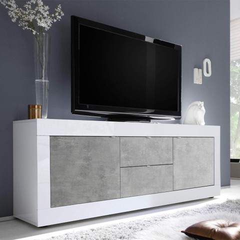 TV cabinet 210cm 2 doors 2 drawers glossy white concrete Visio BC Promotion