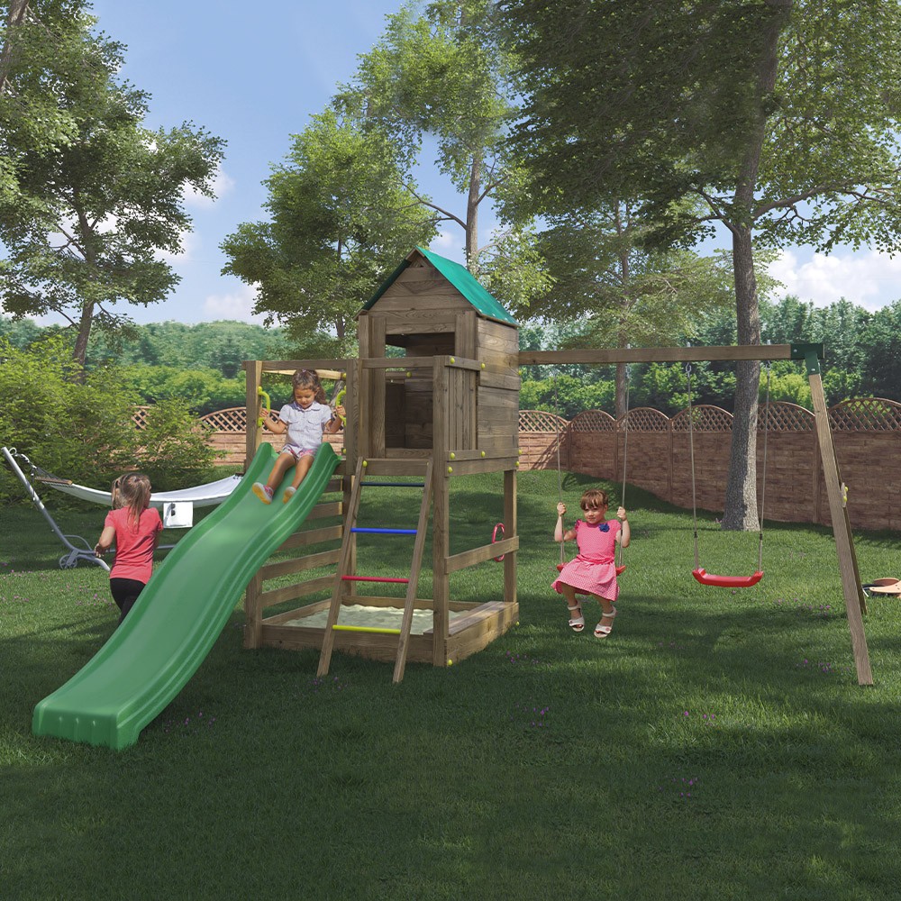 Kids Outdoor Playground Set with Slide, Swings, Sandbox, and Playhouse - Jarcas4