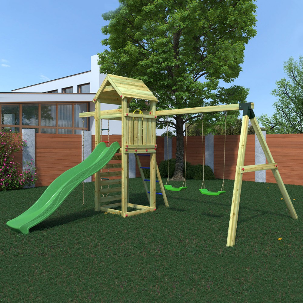 Gaia Children's Outdoor Playground with Climbing Rope, Slide, and Swings