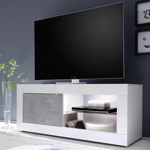 Modern glossy white and cement grey TV stand with wheels Diver BC Basic. Promotion