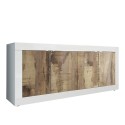 Living room cabinet buffet with 4 doors, 207cm long, glossy white and wood, Altea BW. Offers