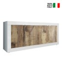 Living room cabinet buffet with 4 doors, 207cm long, glossy white and wood, Altea BW. On Sale