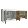 Living room cabinet buffet with 4 doors, 207cm long, glossy white and wood, Altea BW. Sale