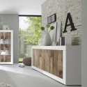Living room cabinet buffet with 4 doors, 207cm long, glossy white and wood, Altea BW. Discounts