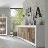 Living room cabinet buffet with 4 doors, 207cm long, glossy white and wood, Altea BW. Discounts