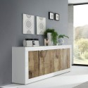 Living room cabinet buffet with 4 doors, 207cm long, glossy white and wood, Altea BW. Catalog