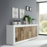 Living room cabinet buffet with 4 doors, 207cm long, glossy white and wood, Altea BW. Catalog