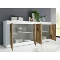 Living room cabinet buffet with 4 doors, 207cm long, glossy white and wood, Altea BW. Choice Of
