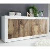 Living room cabinet buffet with 4 doors, 207cm long, glossy white and wood, Altea BW. Bulk Discounts