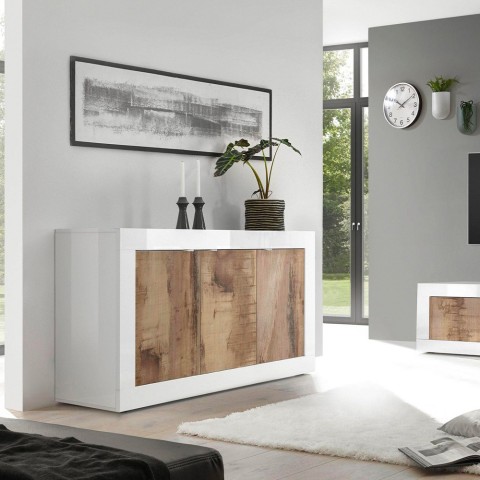 Glossy white wood living room sideboard with 3 doors 160cm Modis BW Basic. Promotion