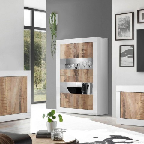 White glossy living room showcase with 4 glass and wooden doors, Tina BW Basic. Promotion