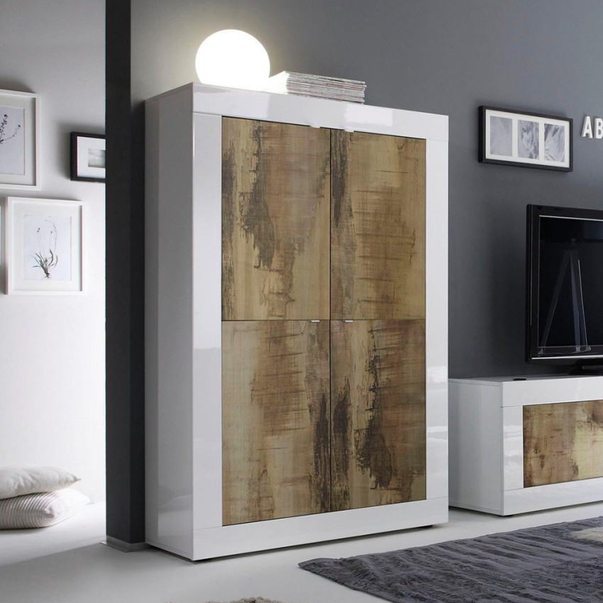 Credenza madia 4 doors glossy white and wood Novia BW Basic for living room. Promotion
