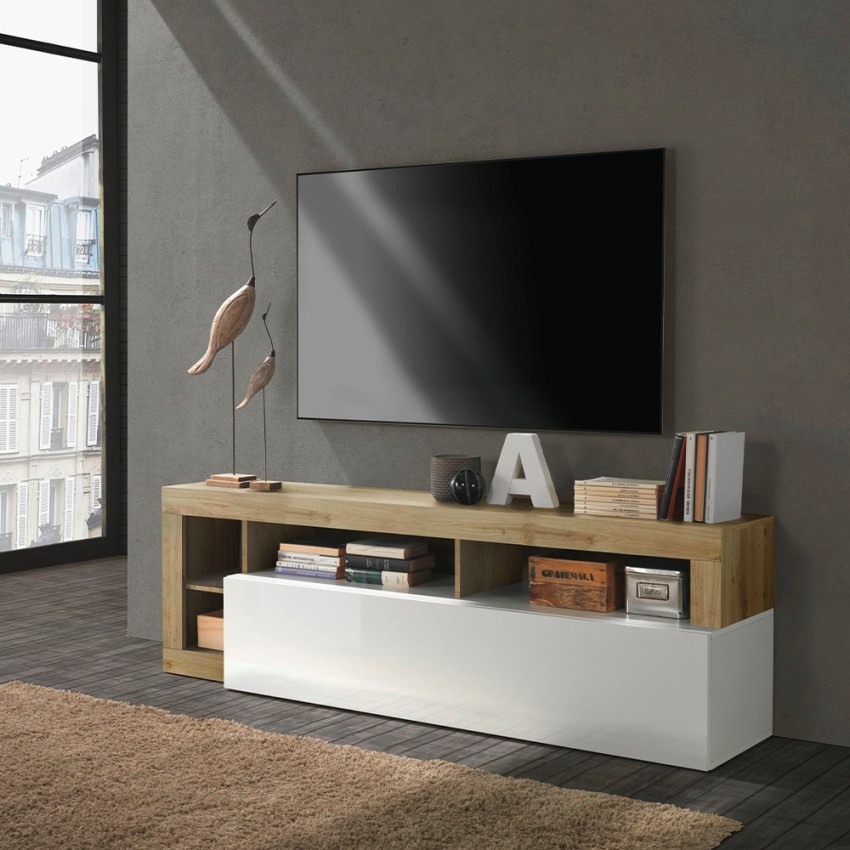 Modern 184cm glossy white and oak Dorian BR living room TV stand. Promotion