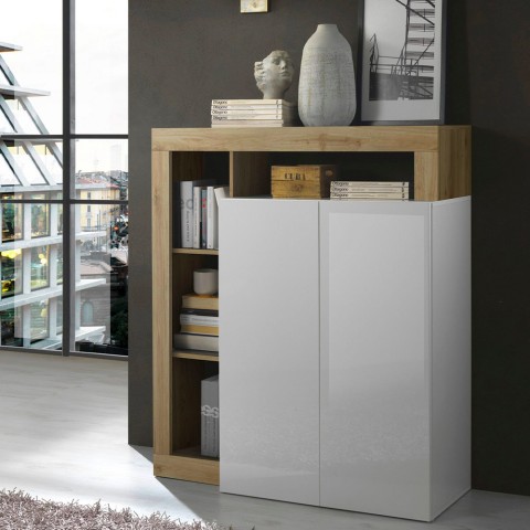 Modern sideboard with 2 doors and 3 compartments, glossy white finish, oak wood, Blume BR. Promotion