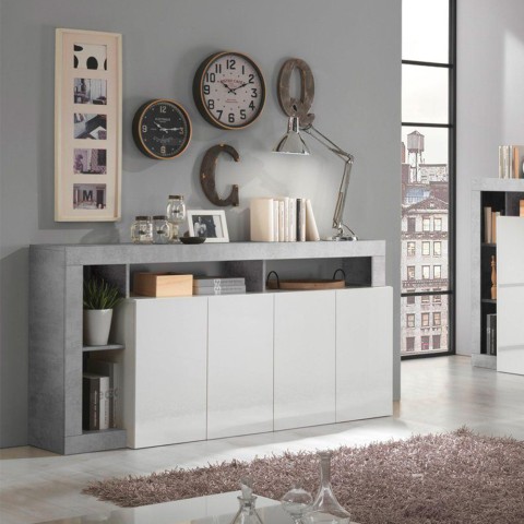Mobile sideboard with 4 glossy white and cement gray doors Cadiz BC. Promotion