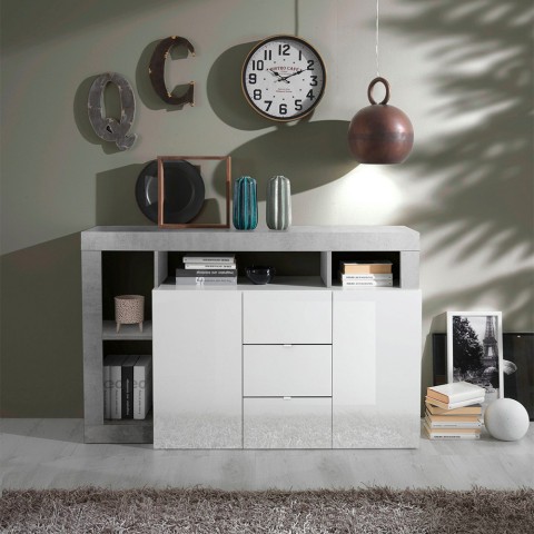 Living room sideboard, 2 doors and 3 drawers, glossy white cement Lavine BC. Promotion