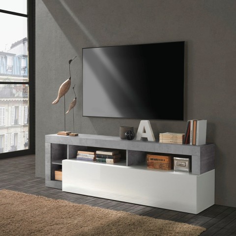 Mobile TV stand with glossy white door and cement gray finish, 184cm Dorian BC. Promotion