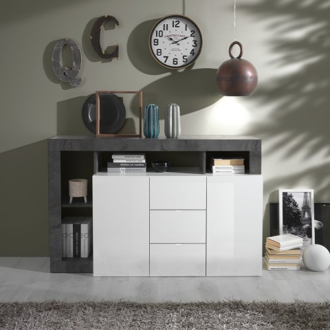 Modern black buffet credenza with 2 doors and 3 glossy white drawers Lavine BX. Promotion