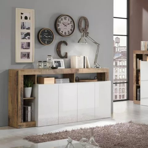 Kitchen Living Room Cabinet 4 Doors Glossy White Wood 184cm Cadiz BP. Promotion