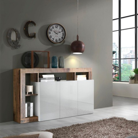 Modern living room sideboard in glossy white wood with 3 doors, 146cm Hailey BP. Promotion