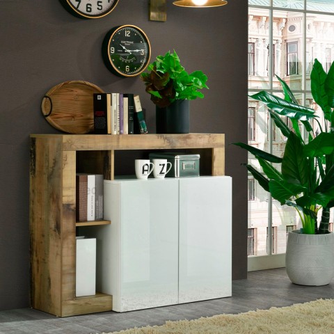 Wooden sideboard with 2 gloss white doors for modern living room Reva BP. Promotion
