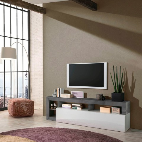 Modern design TV stand on wheels 184cm glossy black and white Dorian BX. Promotion